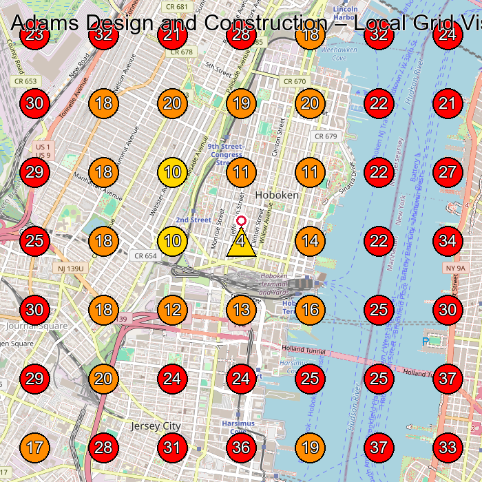 Adams Design and Construction GeoGrid visibility map for General Contractor in Hoboken